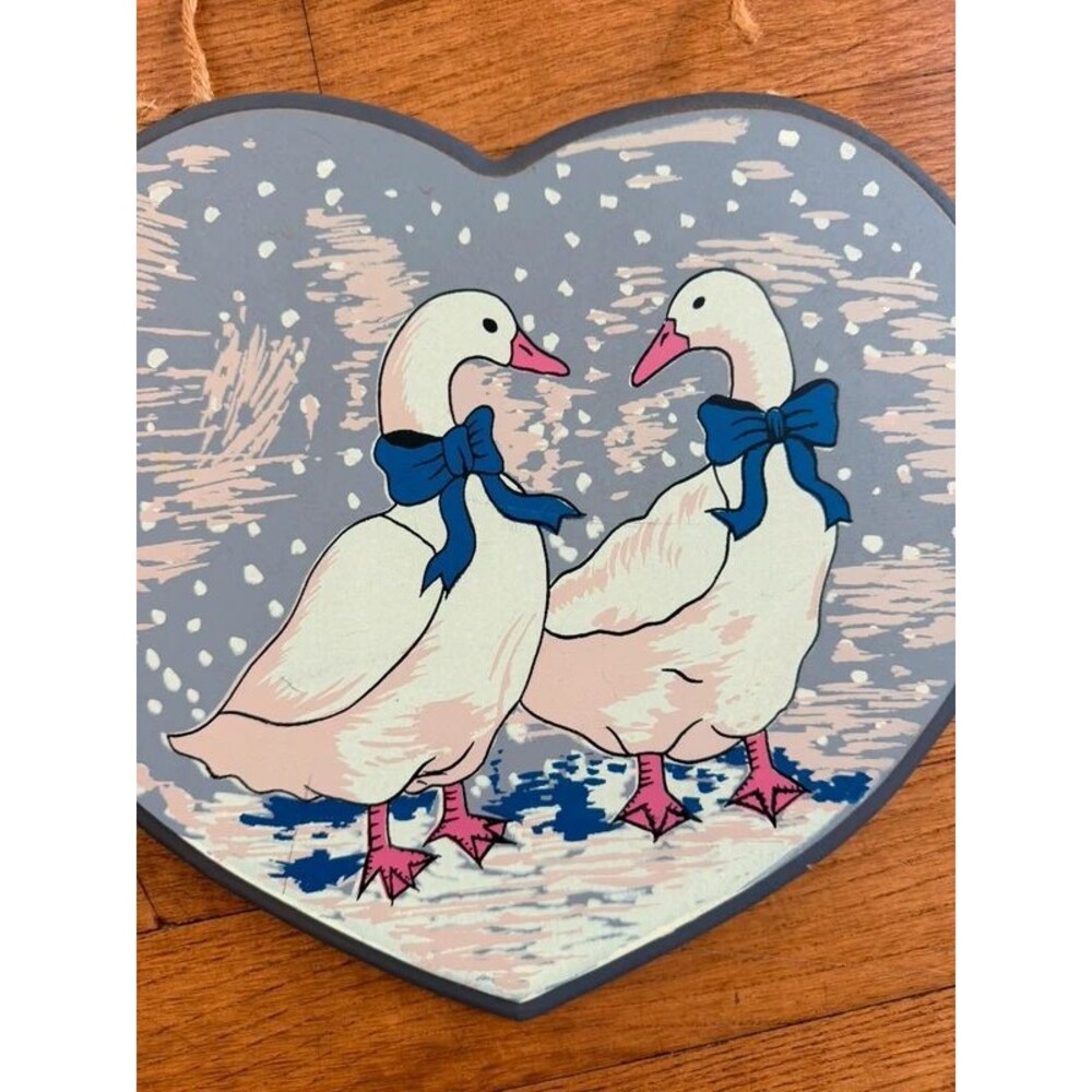 Vintage 80s Country Blue Geese Welcome Sign Heart Hanging Wall Decor Cottagecore - Picture 2 of 5